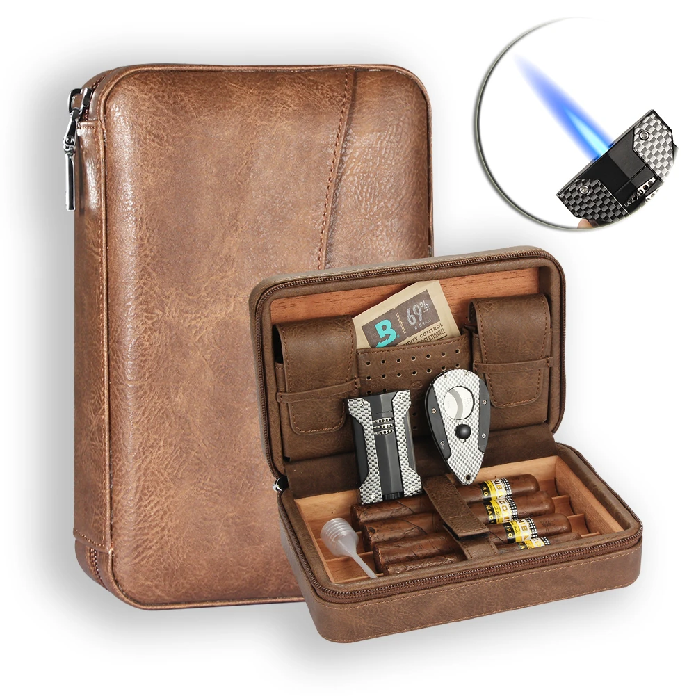 Galiner Cigar Humidor Box Travel Leather Cigars Case Cedar Wood Lined W