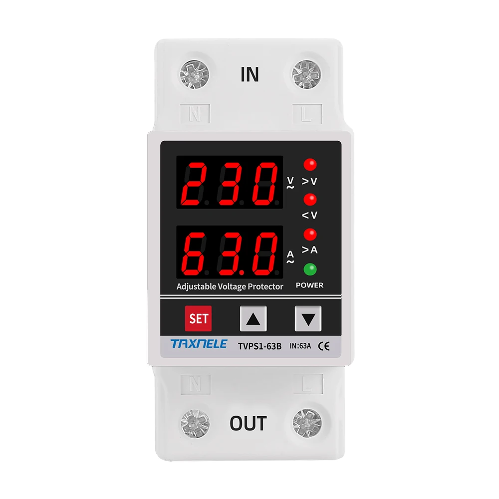 Din Rail Adjustable Digital Over Under Voltage Relay Surge Protector Limit Over Current Protection Dual Display 40A 63A 230V