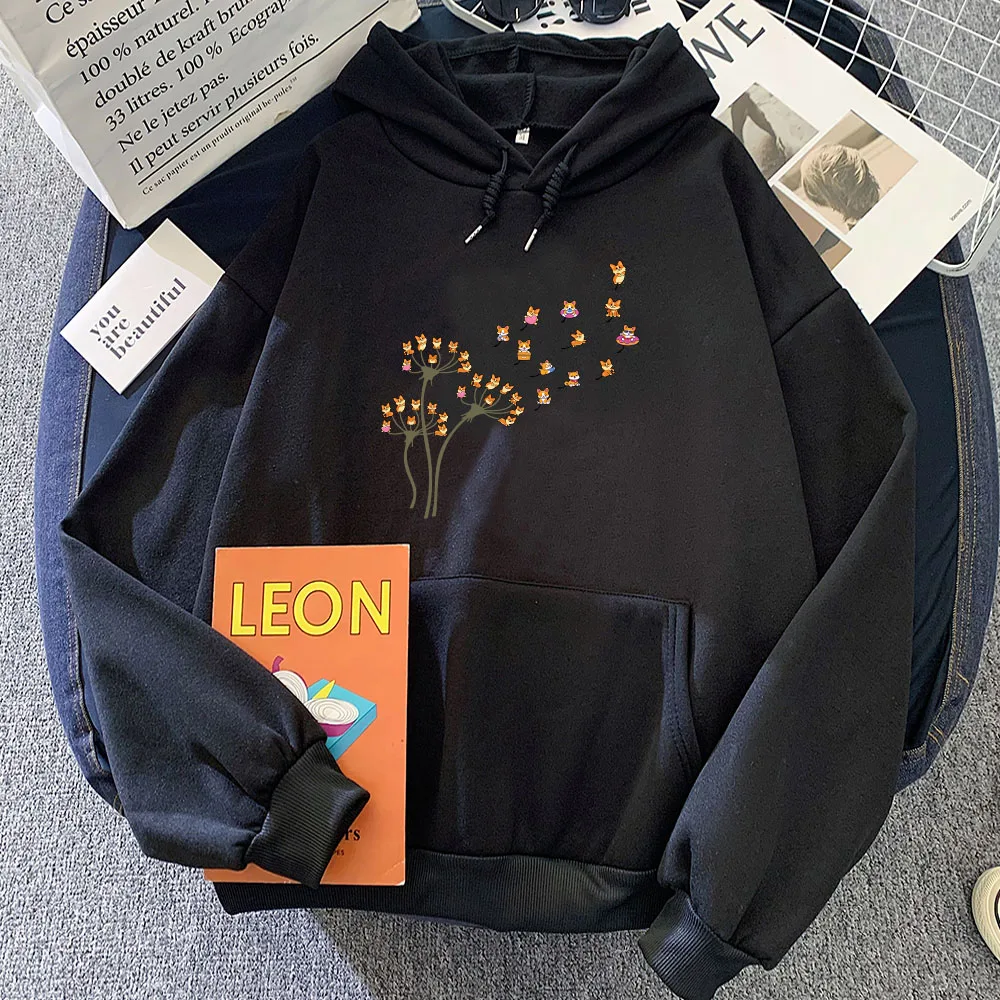 Cute Corgi Flower Hoodies Kawaii Cartoon Graphic Print Sweatshirts Casual Long Sleeve Women Cute Sudaderas Moletom Feminino Tops