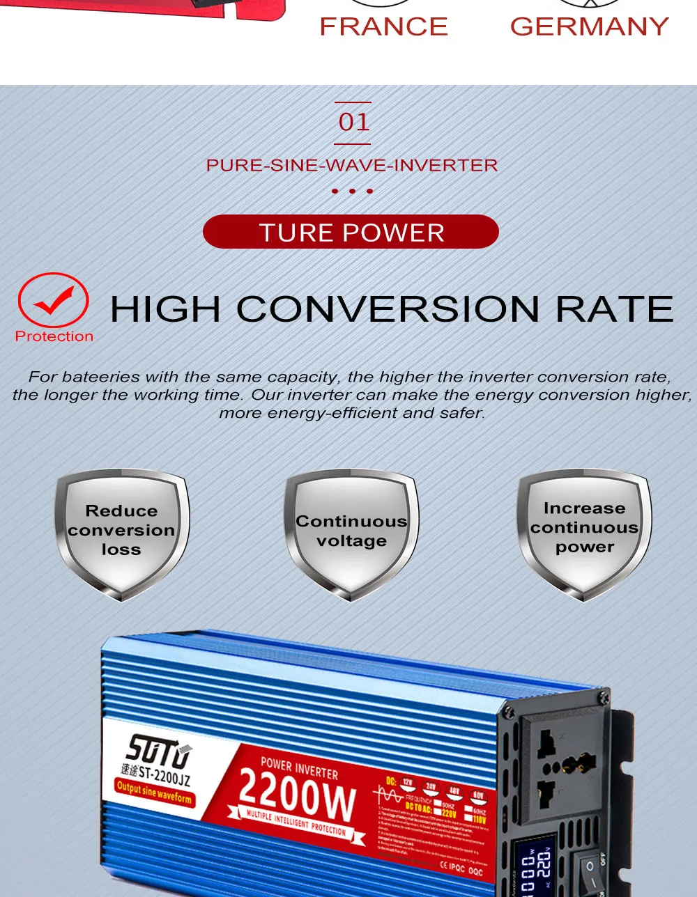 conversor de potência de onda senoidal pura 1600w 2200w 3000w