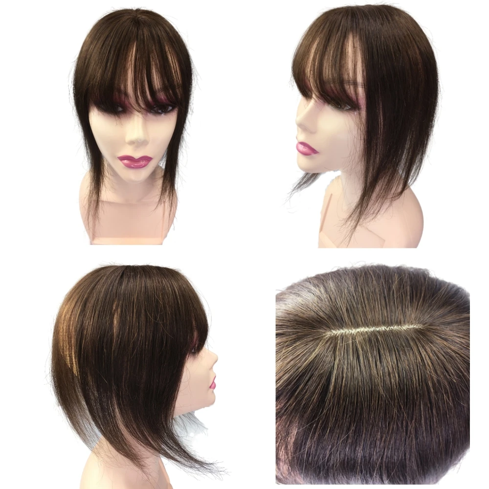 10x11cm Human Hair Toppers For Women Clips In Hairpiece With Bangs for Mild Thinning Hair Cover Grey Dark Brown human hair toppers