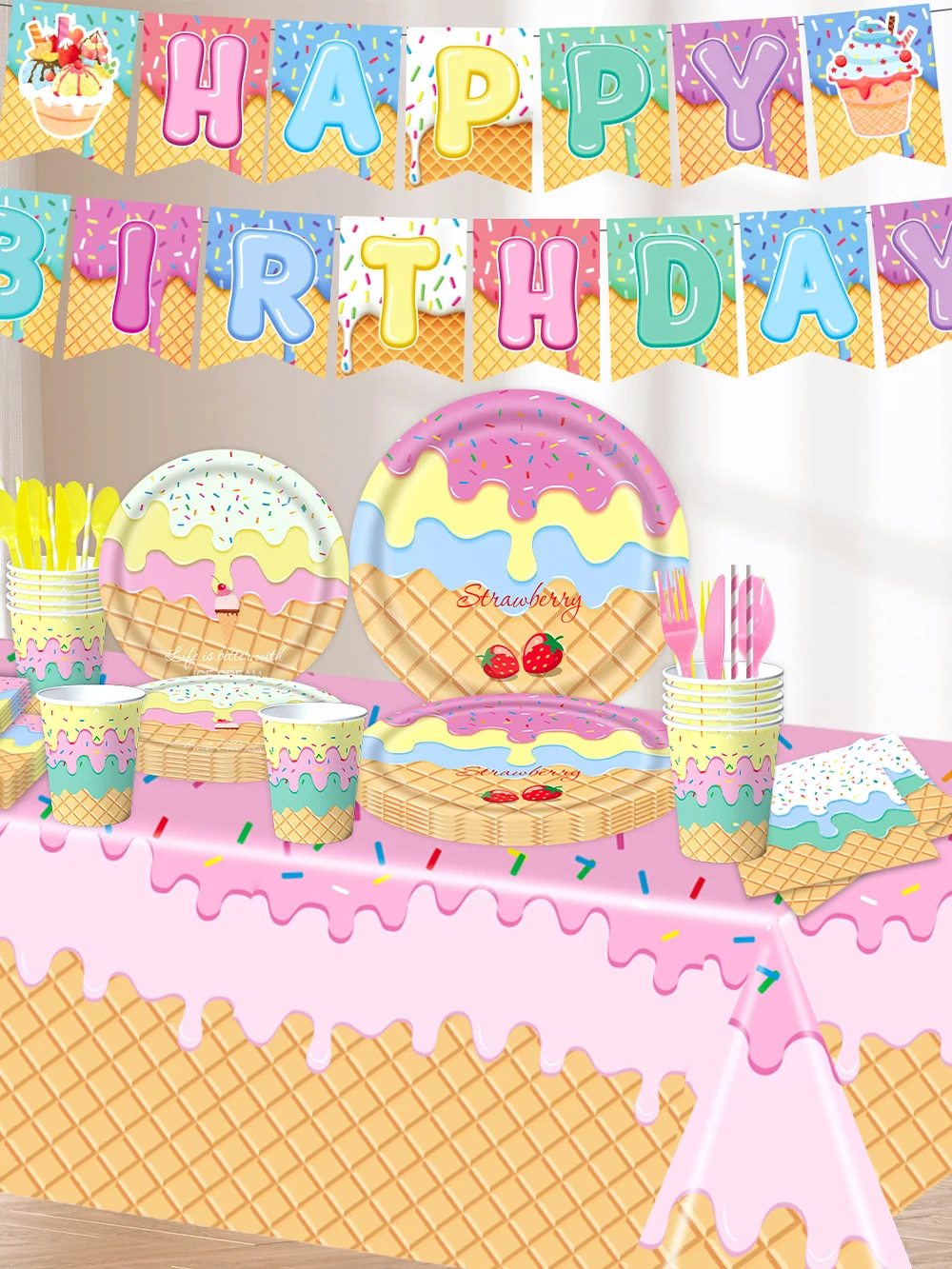 Eiscreme-Party Tischware Pappteller Becher Tischdecke Eiscreme-Thema Happy Banner Geburtstagsdekoration Baby-Shower-Zubehör – Detail 1