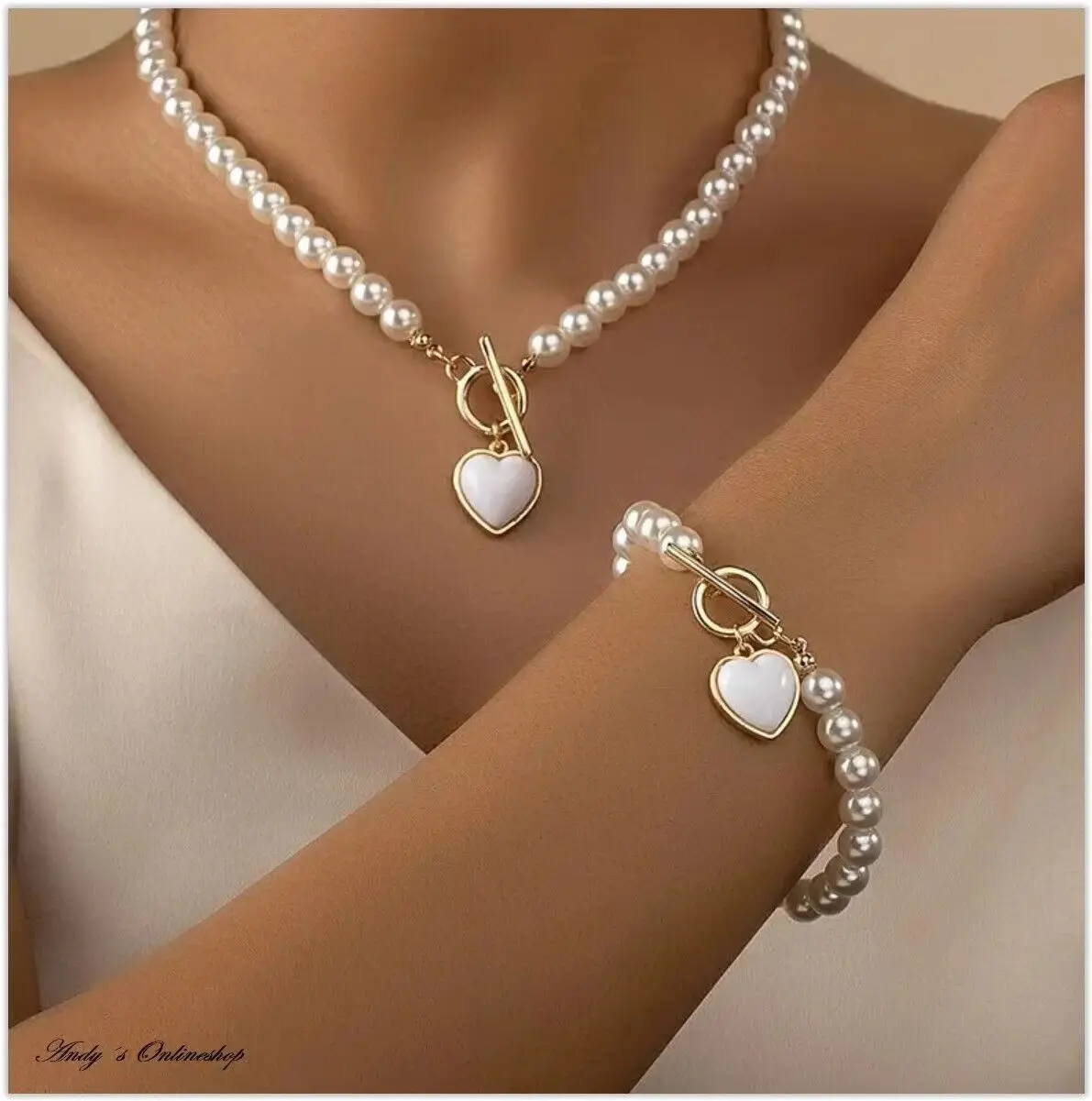 Elegant Simulated-Pearl Heart Necklace Bracelet Jewelry Set for Women Delicate Statement Beads Chain Wedding Party Jewelry Gifts