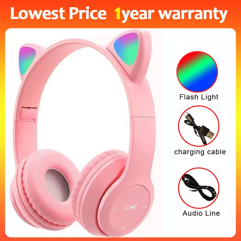 Cute Cat Ears Bluetooth Headphone with Mic Control LED Flash