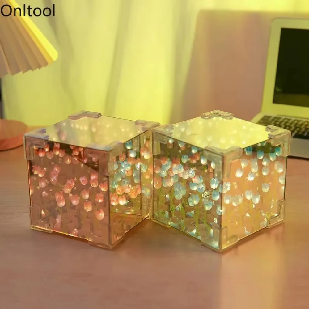 LED Night Light DIY 3D Cloud Tulip Flower Sea Mirror Table Lamps Bedroom Ornaments