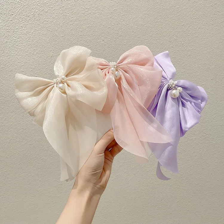 

New Women's Long Ribbon Bow Spring Clip Solid Color High Grade Pearl Sweet and Cute Duckbill Clip Spring/Summer Fashion Headwear