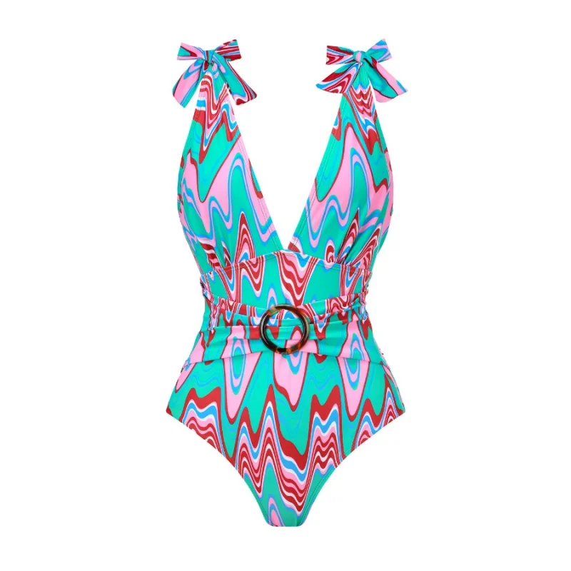 2024New Hot Spring Sexy One Piece Swimsuit Women's Conservative Printed Swimsuit Wrap Skirt Suit