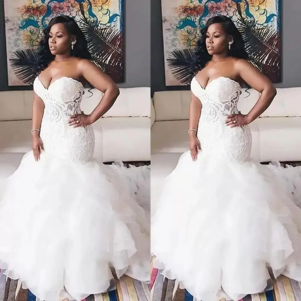 

African Mermaid Wedding Dresses Sweetheart Illusion Lace Appliques Crystal Beaded Ruffles Tiered Organza Formal Bridal Gowns