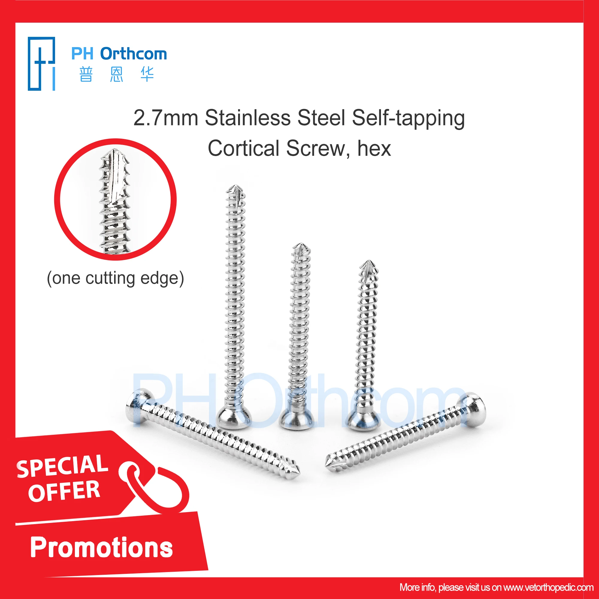 2.7mm Stainless Steel Self-tapping Cortical Screw Hex One Cutting Edge