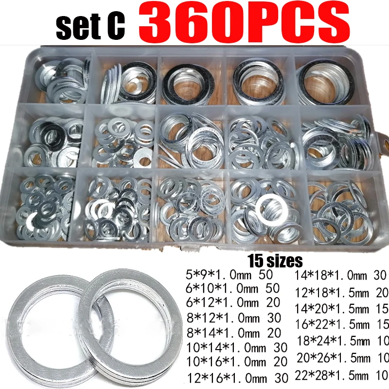 540/450/360/280/200pcs 와셔 오일 드레인 플러그 가스켓 알루미늄 플랫 와셔 조합 KitM6 M8 M10 M12 M14 M16 M18 M20 M22 M24