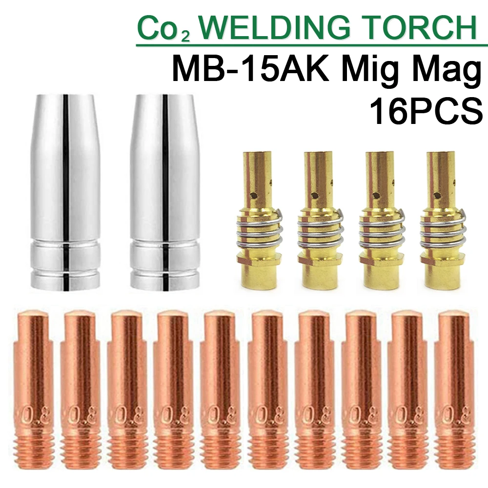 

16pcs Mig Welding Nozzle Co2 Welding Torch Consumables Tip Holder 0.6/0.8/0.9/1.0/1.2mm Contact Tip for 15AK Mig Mag Accessories