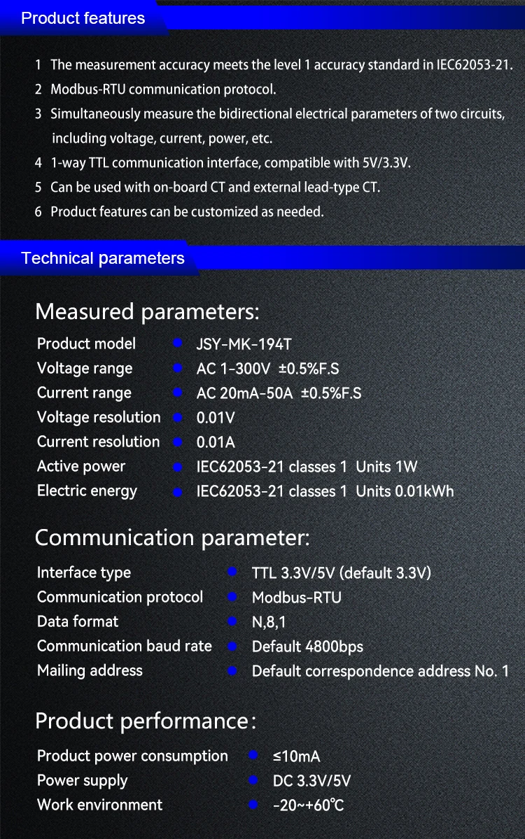 JSY-MK-194T Bidirektionaler Energiezähler mit Unterstützung für Einzel- und Gegenseitige Induktivität, OEM-Leistungsmonitor, Miniatur-Digital-Voltmeter – Detail 3