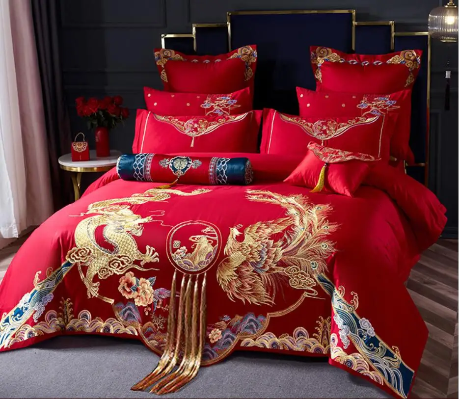 

1000TC Egyptian Cotton Bedding Set Luxury Chinese Wedding Gold Dragon Phoenix Embroidery Red Duvet Cover Bed Sheet Pillowcases