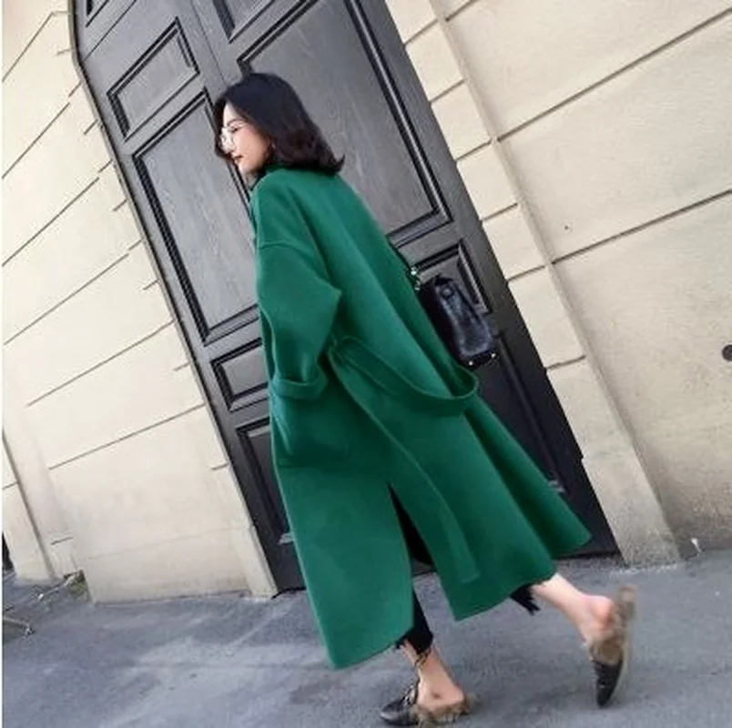 Autumn Winter Warm Blends Coats Women Double Sided Thickened Tweed Coat Solid Colors Sashes Knee-Length Outwears Chic Streetwear