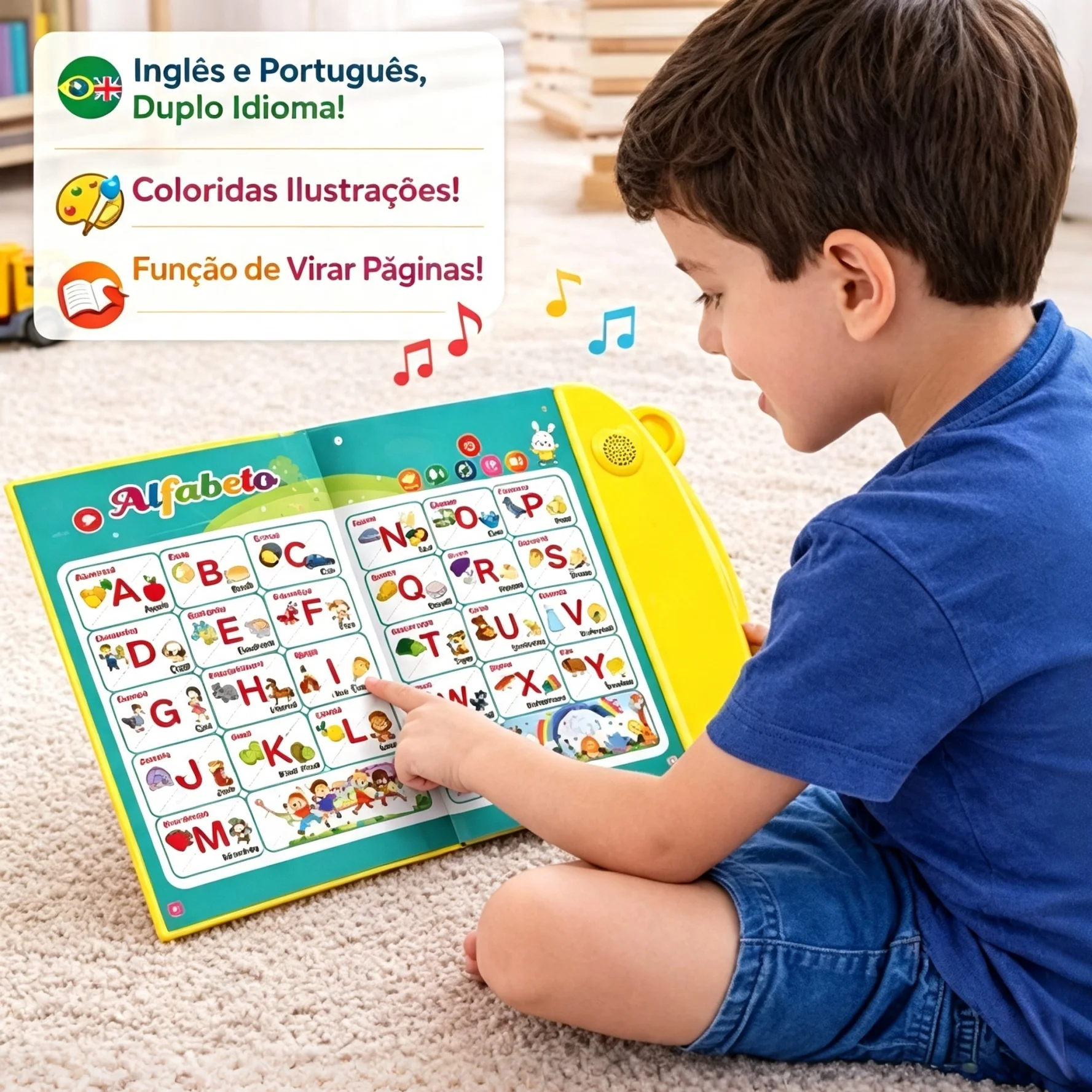 Criança tocando nas figuras do livro bilíngue