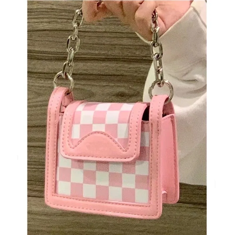 MBTI Pink Cinnamoroll Shoulder Bag for Women Small Plaid Sweet Designer Handbag Square Summer Leather Female 2024 New Coin Purse