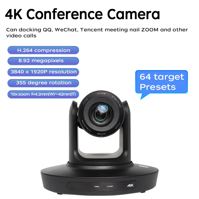 Video Conference PTZ Camera Focus 10X Optical Zoom Video USB3.0 4K30PF Live Streaming for Events/Video Production/Church