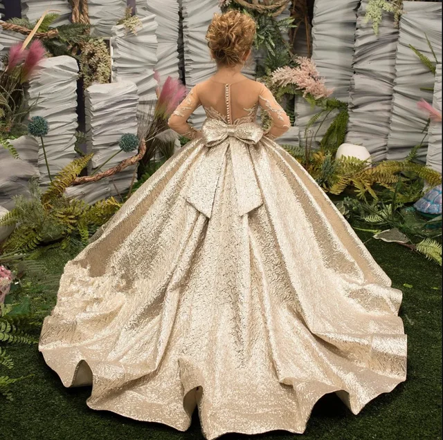 Gold Big Bow Flower Girl Dresses Appliques Full Illusion Sleeves Birthday Wedding Holiday Bridesmaid Dress Customized Clothing 1