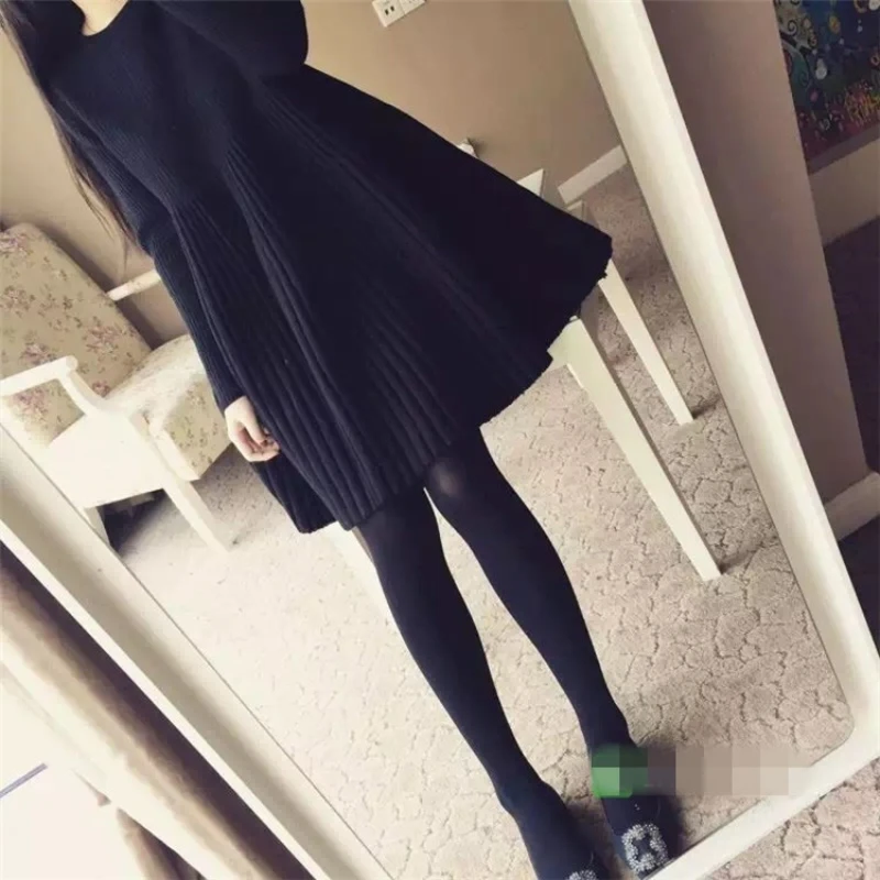 Autumn and Winter New Medium and Long Women's Long-sleeved Knitted Dress Casual Pullover Pleated Fluffy A-word Sweater Dress
