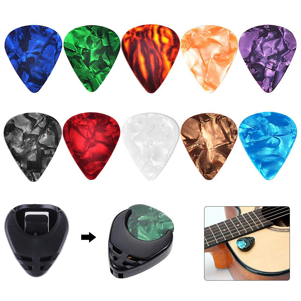 10Pcs Guitar Picks Set Colorful Guitar Picks & Pick Holder Set Electric Multifunction Celluloid Accessories