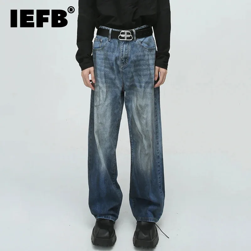 

IEFB Straight Male Denim Pants Casual Pleated Contrast Color Men's Wide Leg Trousers Stripe Chic Jeans Spring New Trend 9C3985