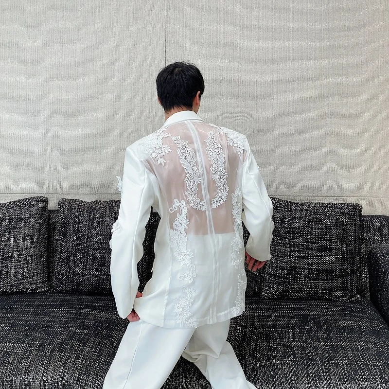 High-End 2024 Spring Fashion Embroidery Mesh Stitching Suit Men's Handsome Suit Solid Color Trousers Trendy Two-Piece Sets