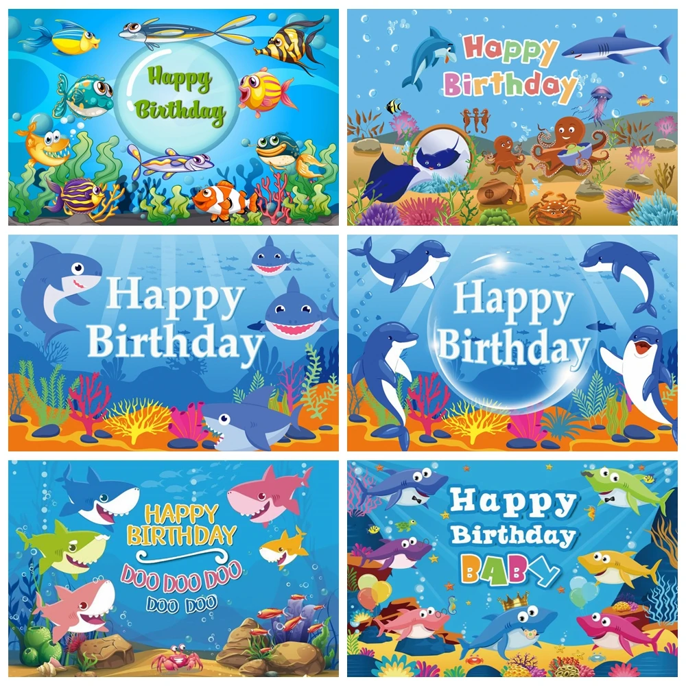 Blue Baby Birthday Fondale Neonato Fondale Squalo Pesce Mare Oceano Subacqueo World Party Decor Fotografia Sfondo Studio Fotografico