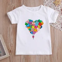Kawaii Heart Balloon T-shirts for Girls Summer Kids Clothes Girls Tops White Short Sleeve Graphic T Shirts for Age 2-12T