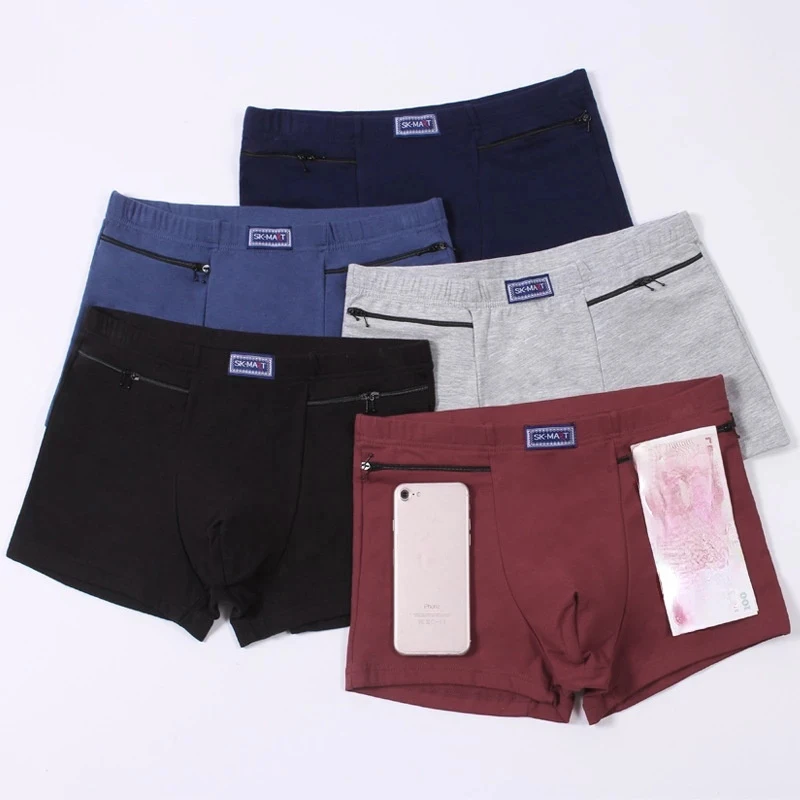 Men Cotton Boxer Panties Anti-theft Briefs Seamless Elastic Men Panties Two Zippers Pockets Mens Boxers Briefs Daily Wear