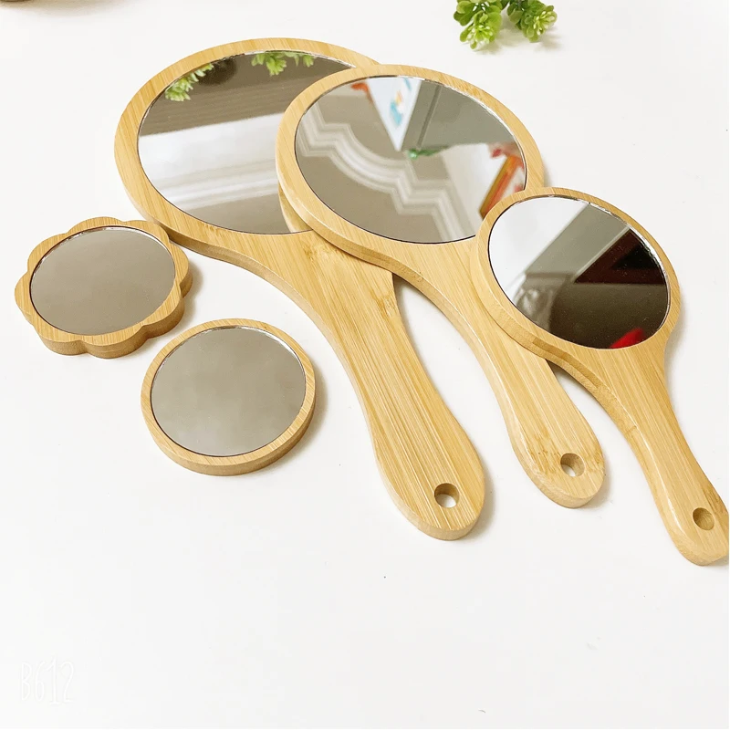Makeup mirror hand holding mirror small portable bamboo makeup mirror handmade handle round cosmetic mirror with single handle personal vanity handheld