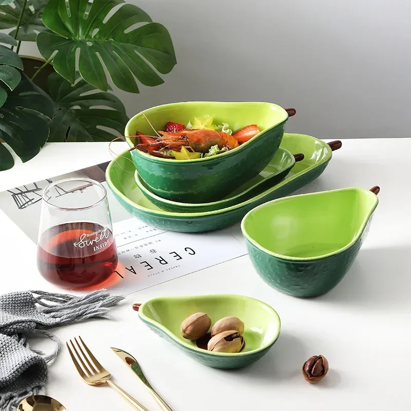 Dinnerware Sets Plate Cute Ceramic Tableware Household Dishs Snack Plate Avocado Bowl Salad Fruit Kids Training Tableware