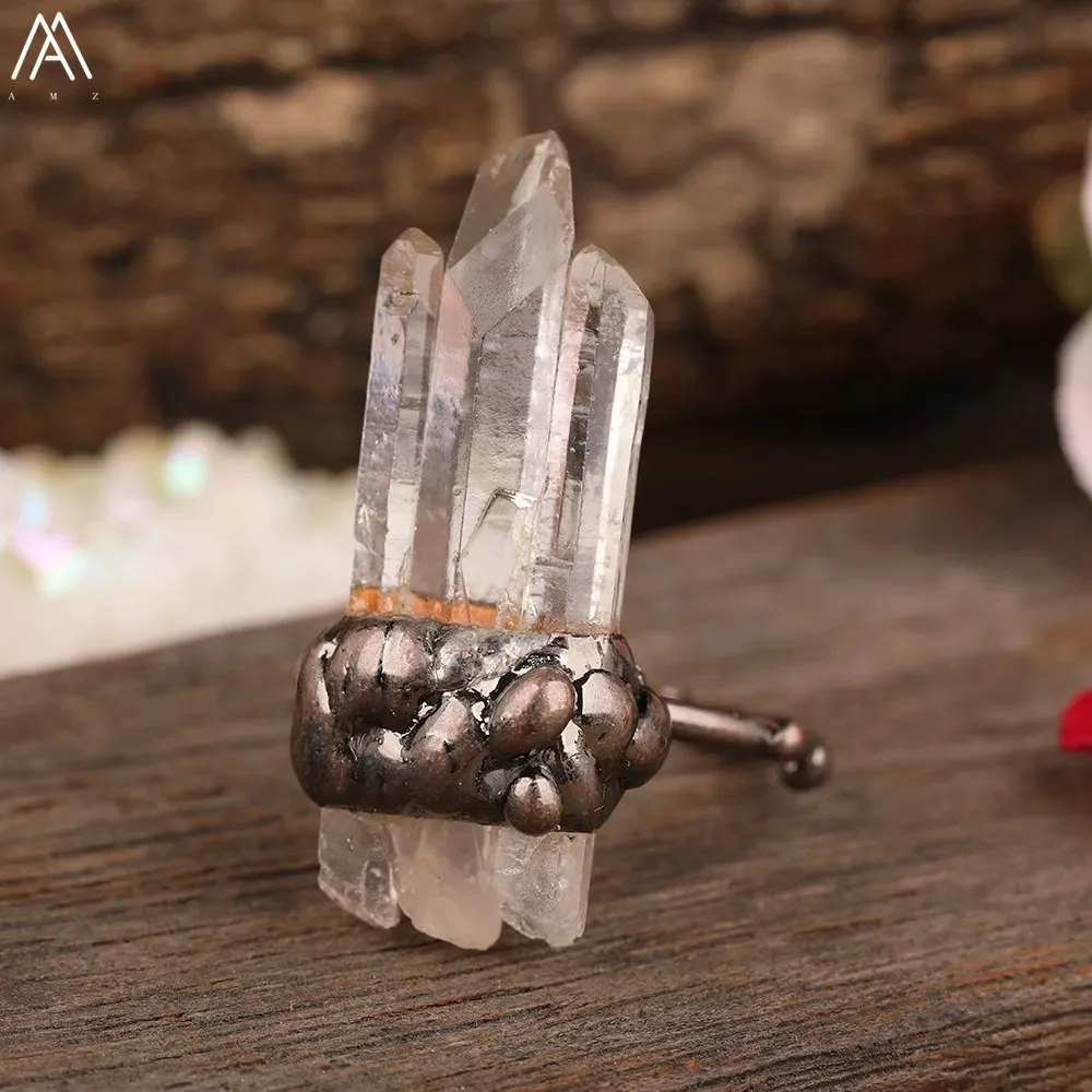 Irregular White Quartz Point Beads Bronze Handmade Rings Jewelry Women Natural Stone Adjustable Finger Rings Gift Dropship