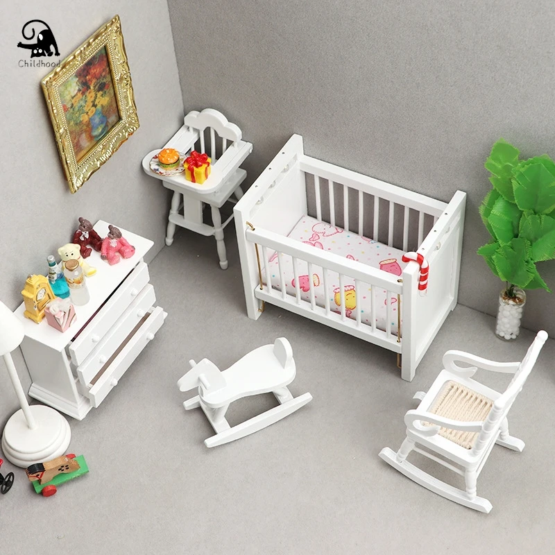 1:12 Dollhouse Mini Baby Cot Chair Rocking Horse Rocking Chair Cabinet Furniture Decor Toy