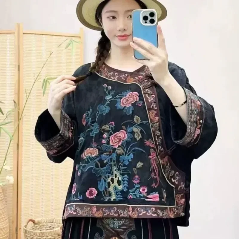 Autumn Vintage Satin Jacquard Embroidery Long Sleeved Tang Suit Top Chinese Clothes for Women Ethnic Style Casual Loose Shirt