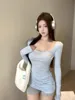 Blue Thin Long Sve Women's T-irt U-Ne Tight Fit Spring Casual Sun Protection Top Sweet And Spicy Girl Base Layer irt