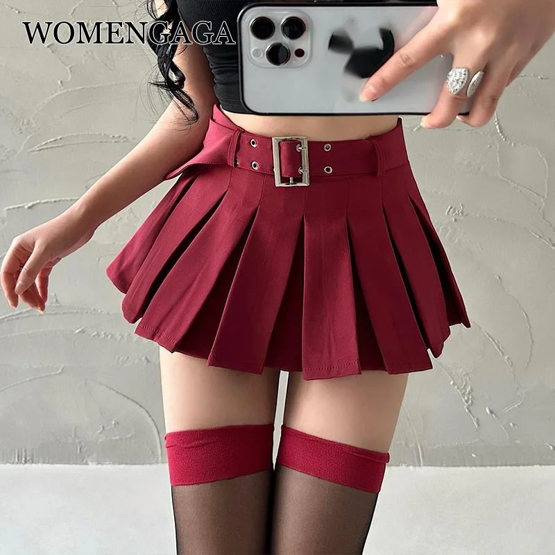 

WOMENGAGA Summer Skorts High-quality Sexy A-LINE Safety Skirts Pleated Skirt Half Length Short Skirt Belt Fashion Women E4H4