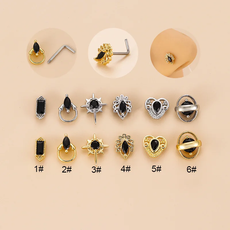 

1Piece Retro Black Zircon Nose Studs for Women New Fashion Stainless Steel Screw L Shape Nose Stud Ring Nose Piercing Jewelry