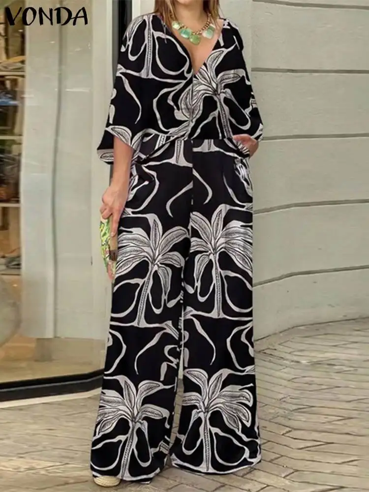 

VONDA Bohemian Long Jumpsuits 2023 Women Summer Sexy V-neck Wide Leg Pants 3/4 Sleeve Elegant Party Trousers Vintage Rompers