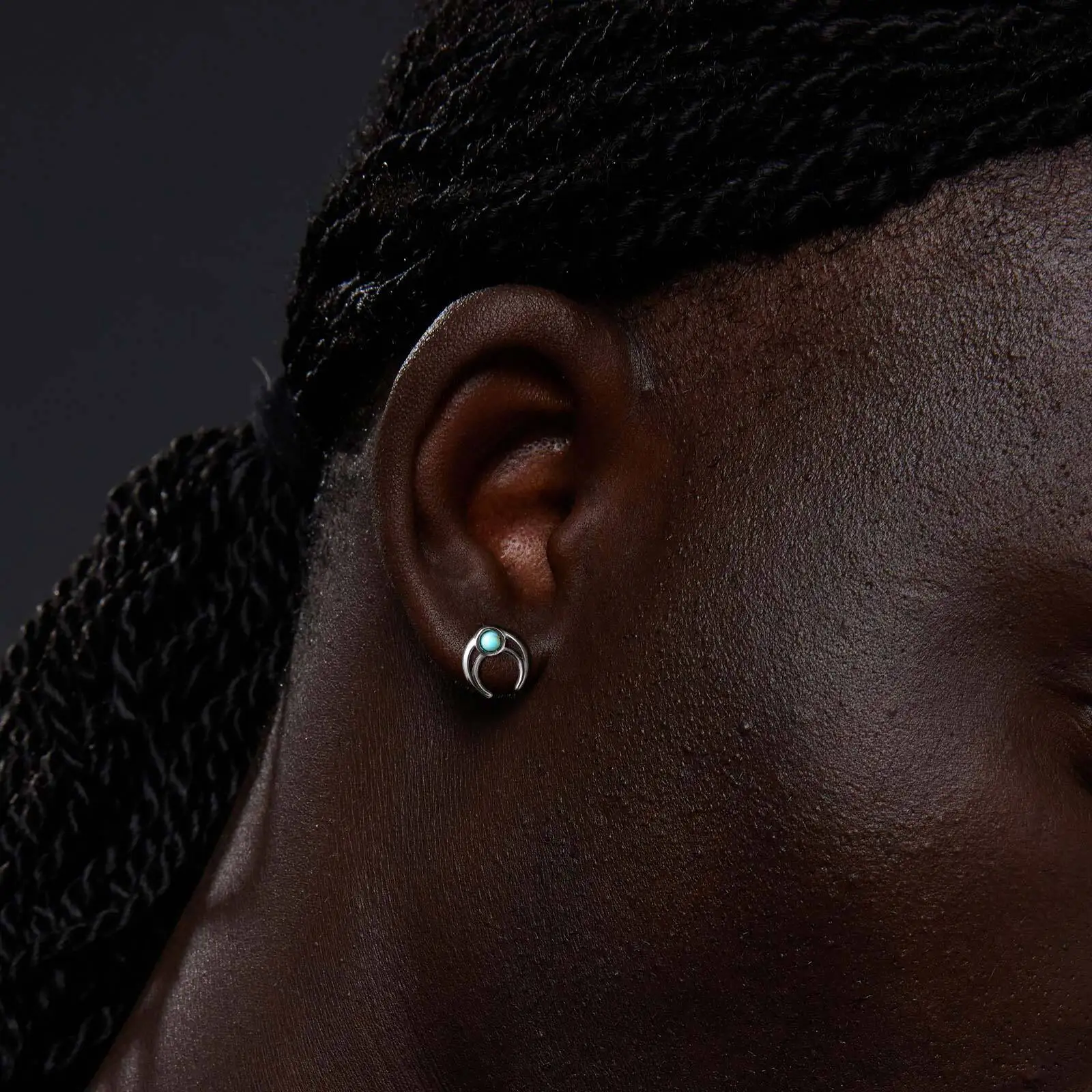 Stainless Steel Men's Moon Turquoise Stud Earrings,Silver Color Metal Piercing Earring,Natural Stone Jewelry Gift