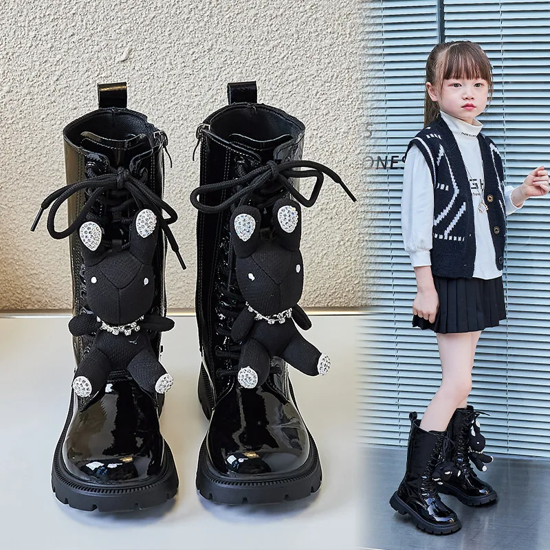 Girl Glossy Boots with Doll Black Cute Bunny 2022 Kids Fashion