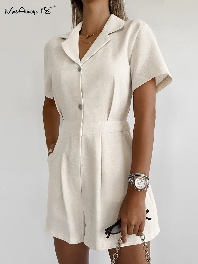 

Mnealways18 Khaki Elegant Linen Cotton Shorts Jumpsuit Women Short Sleeves Ruched Pompers Summer 2024 Office Ladies Button Slim