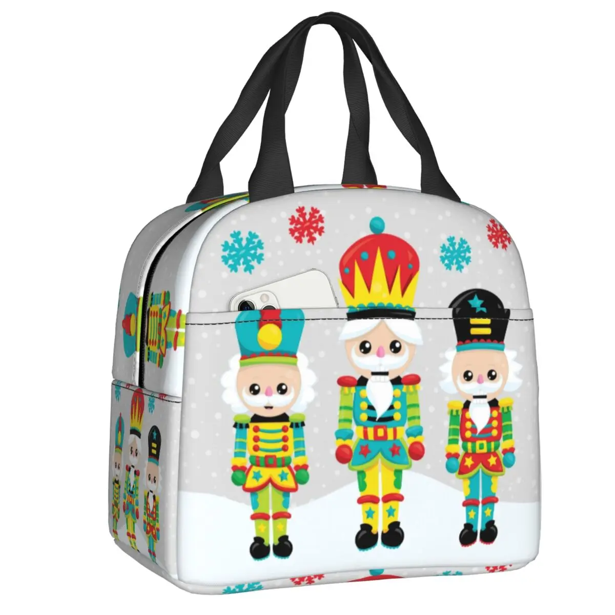 

Three Christmas Nutcrackers Lunch Boxes Women Xmas Toy Soldiers Cooler Thermal Food Insulated Lunch Bag Office Work