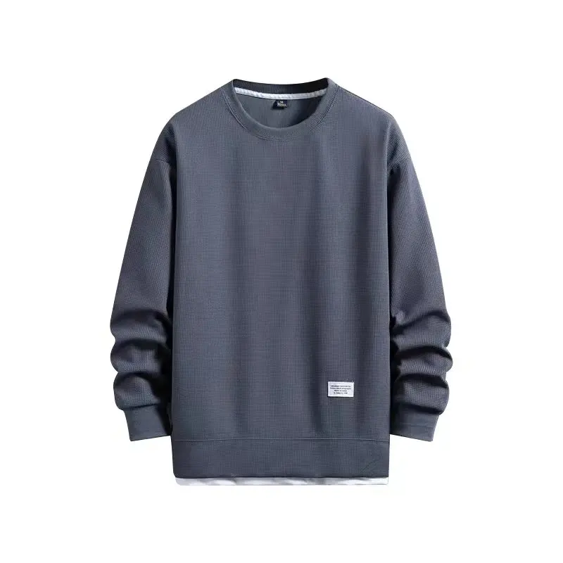 Spring and Autumn New Men's Fashion Solid Color Waffle Sweatshirt Round Neck Long Sleeve Casual Sports Hoodie Street Wear