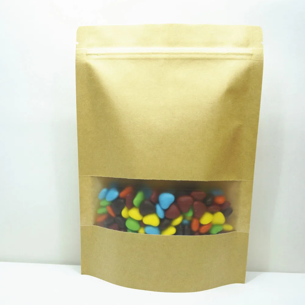 100 Stück Braune Standbeutel aus Kraftpapier mit Reißverschluss und Mattem Klarsichtfenster, Selbstversiegelnde Wiederverschließbare Beutel für Aufbewahrung und Verpackung