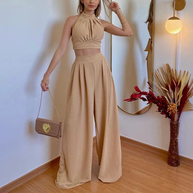 

2 Piece Set Women Outfit Elegant Hanging Neck Slim Wrap Chest High Waist Loose Wide Leg Pants Women's Summer Suit