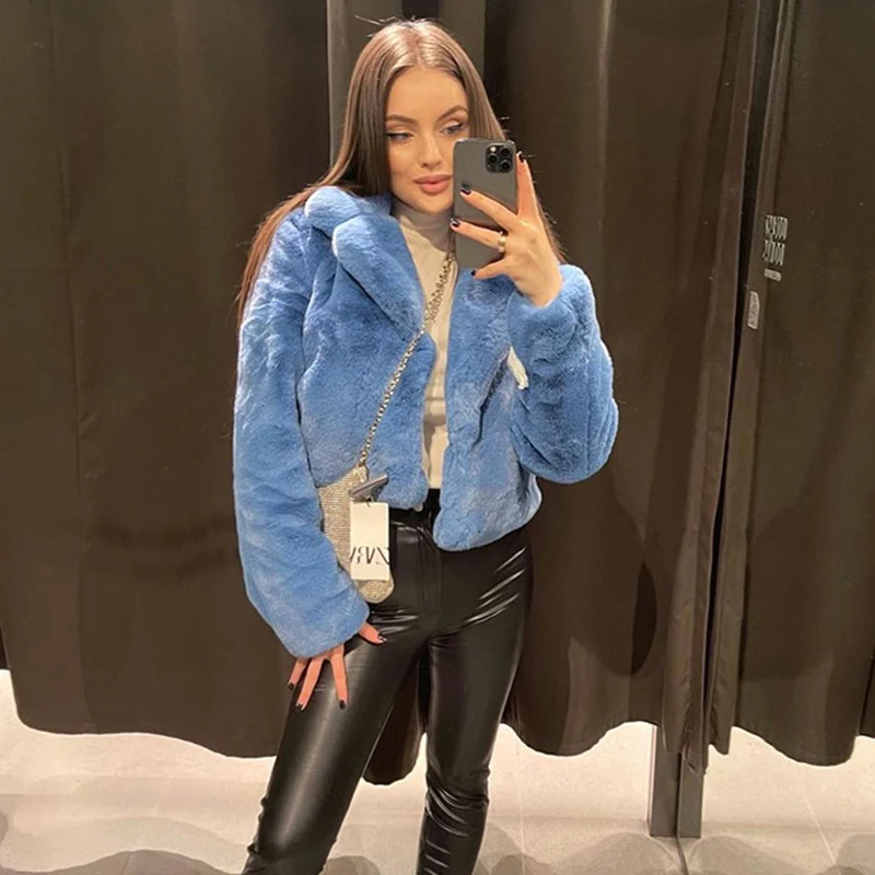 Ins Chic Street Fashion Girls Blue Cropped Plush Fur Coat Women Winter New Trend Faux Rabbit Fur Jacket Coats Short Outwear