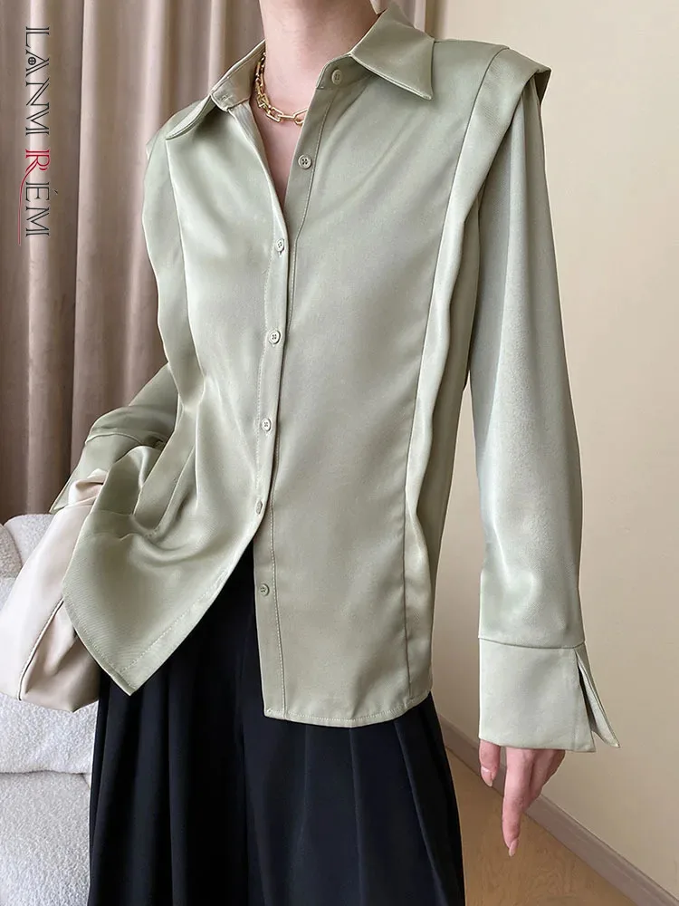

[LANMREM] Elegant Chiffon Shirts For Women Lapel Single Breasted Long Sleeve Fashion Blouses Female Tops 2024 Spring New 26D6079
