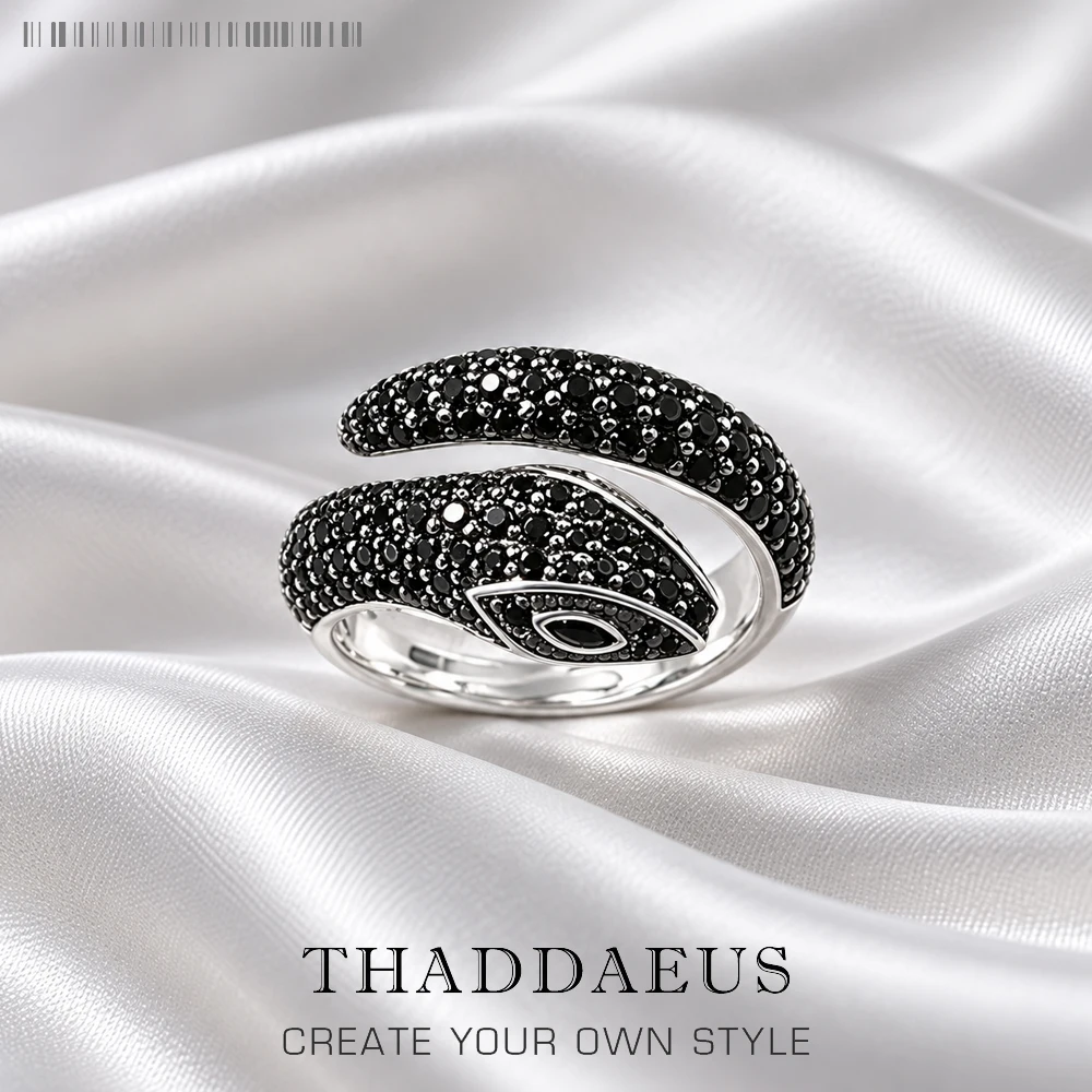 Offener schwarzer Schlangenring, europäischer Stil, glamouröser feiner Schmuck für Frauen, Geschenk aus 925er Sterlingsilber