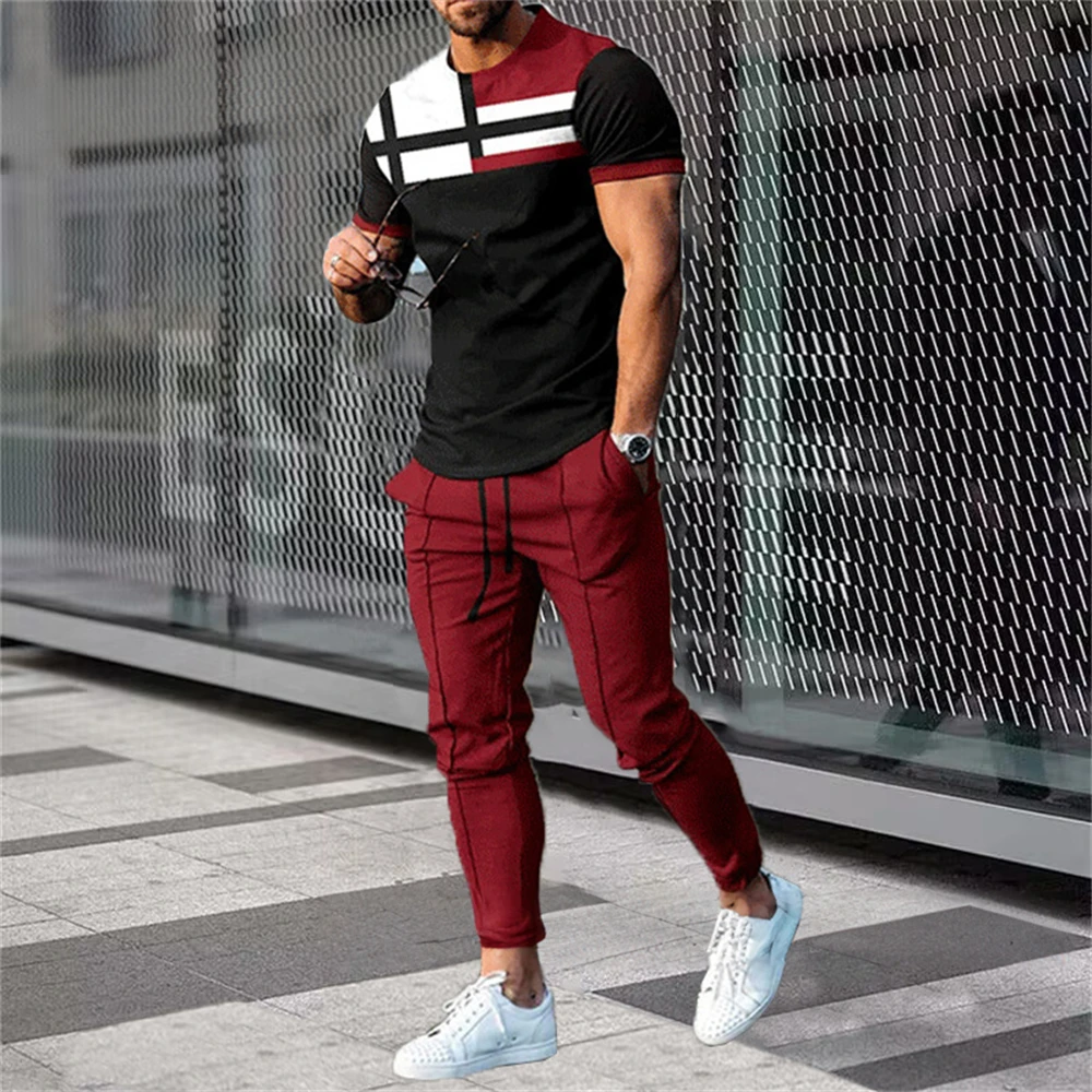 Men's Clothing Men Suit Tracksuit 2 Piece Sets Jogger Outfit 3D Printed Summer Trousers Short Sleeve Men T Shirt Long Pants 5