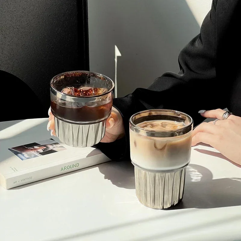 American Coffee Glass Cups Creative Vertical Pattern Water Cup Silver Milk Glasses Cold Brew Coffee Juice Cups Drinkware Tools